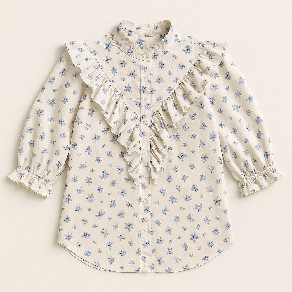 THE SHIRT By Rochelle Behrens Ivory With Blue Flowers Size Medium